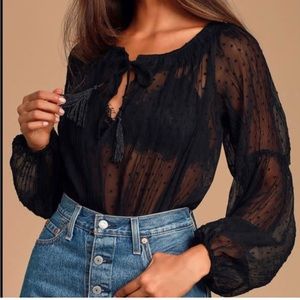 Lulu’s Brookdale Black Sheer Swiss Dot Long Sleeve Bodysuit